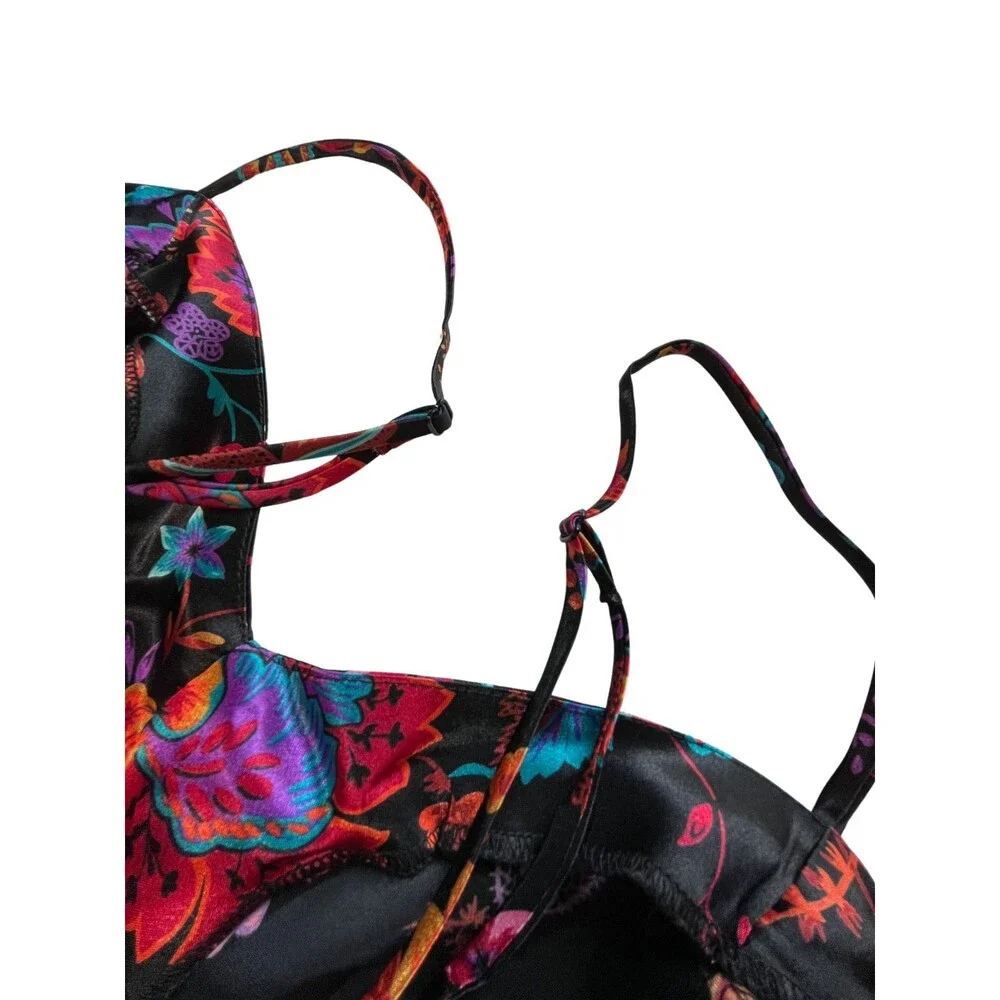 Vintage 90s Cacique Lingerie Negligee Romper Black‎ Floral Sleepwear Sexy L
